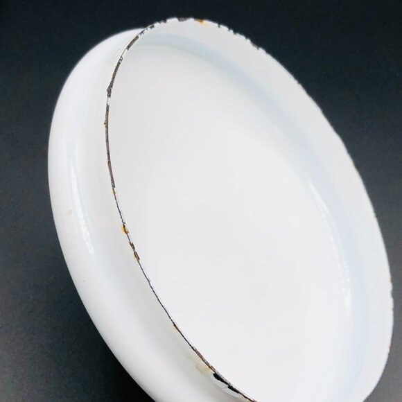 Vintage White Gray Yellow Stripes Enamel Fondue Pot and Lid Wood Handle Saucepan - Picture 9 of 13